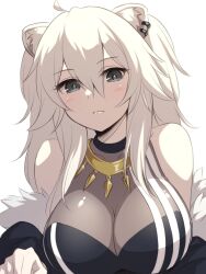 Rule 34 | 1girl, ahoge, animal ear fluff, animal ears, breasts, cleavage, closed mouth, fur-trimmed jacket, fur trim, grey hair, hair between eyes, highres, hololive, jacket, jacket partially removed, jewelry, large breasts, lion ears, lion girl, long hair, looking at viewer, necklace, pataneet, see-through, see-through cleavage, shishiro botan, shishiro botan (1st costume), simple background, solo, upper body, virtual youtuber, white background