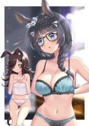 Rule 34 | 2girls, :o, animal ears, aqua bra, aqua panties, arms behind back, bad id, bad pixiv id, bare shoulders, black hair, blue eyes, blunt bangs, blush, bra, braid, breast envy, breasts, brown hair, camisole, cleavage, closed mouth, collarbone, commentary, cowboy shot, crown braid, cstv, flat chest, glasses, groin, hair between eyes, hair over one eye, hands on own chest, highres, horse ears, horse girl, horse tail, large breasts, lens flare, light particles, long hair, looking at another, midriff, multiple girls, navel, o o, open mouth, panties, rice shower (umamusume), side braid, sidelocks, standing, symbol-only commentary, tail, umamusume, underwear, underwear only, white camisole, white panties, zenno rob roy (umamusume)