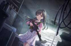 Rule 34 | 1girl, annindoufu (oicon), assault rifle, blunt bangs, blurry, blurry background, bracelet, brown hair, chest rig, collarbone, depth of field, dutch angle, eyelashes, feet out of frame, floating hair, floral print, game cg, grey eyes, gun, holding, holding gun, holding weapon, idolmaster, idolmaster cinderella girls, idolmaster cinderella girls starlight stage, indoors, jewelry, kobayakawa sae, long hair, long sleeves, looking at viewer, magazine (weapon), official art, optical sight, parted lips, pink shirt, ponytail, rifle, shirt, skirt, solo, standing, thighs, trigger discipline, v-shaped eyebrows, weapon, white skirt, window