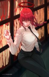 Rule 34 | 1girl, black necktie, black pants, blood, braid, braided ponytail, breasts, chainsaw man, collared shirt, formal, halo, highres, long hair, long sleeves, looking at viewer, makima (chainsaw man), medium breasts, moddedjoker, necktie, pants, red hair, ringed eyes, shirt, sidelocks, smile, solo, suit, white shirt, yellow eyes