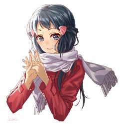 Rule 34 | 1girl, black hair, blue eyes, blush, creatures (company), dawn (pokemon), fingers together, game freak, hair ornament, hairclip, hari611, long hair, nintendo, no headwear, pokemon, pokemon dppt, scarf, signature, simple background, smile, solo, white background, winter clothes