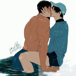 Rule 34 | 2boys, aqua shirt, artist name, bara, baseball cap, black hair, black shorts, blue pants, blush, couple, hat, imminent kiss, jewelry, kashikahaya, looking at another, male focus, multiple boys, muscular, muscular male, original, pants, partially submerged, ring, shirt, short hair, shorts, simple background, sitting, smile, topless male, water, wet, wet hair, yaoi
