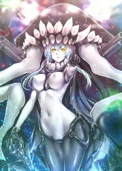 Rule 34 | 10s, 1girl, abyssal ship, bad id, bad pixiv id, breasts, gloves, glowing, glowing eyes, headgear, kantai collection, large breasts, long hair, navel, pale skin, pointing, silver hair, solo, wo-class aircraft carrier, yellow eyes, zucchini