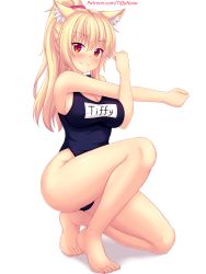 Rule 34 | animal ears, bare arms, bare legs, barefoot, blonde hair, blue one-piece swimsuit, blush, breasts, cat ears, character name, cleavage, english text, hair tie, high ponytail, highres, kneeling, large breasts, looking at viewer, nottytiffy, one-piece swimsuit, orange eyes, original, patreon username, ponytail, school swimsuit, sidelocks, simple background, sleeveless, smile, solo, stretching, swimsuit, thighs, tiffy (nottytiffy), watermark, web address, white background