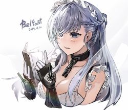 Rule 34 | 1girl, azur lane, bad id, bad pixiv id, bare shoulders, belfast (azur lane), blue eyes, blush, braid, breasts, chain, character name, cleavage, collar, collarbone, commentary request, dated, elbow gloves, french braid, gauntlets, gloves, holding, holding notebook, large breasts, long hair, maid, maid headdress, notebook, open mouth, revision, side braid, sidelocks, silver hair, simple background, smile, solo, suru (ksoo420), white background, white gloves