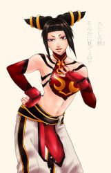 Rule 34 | 1girl, abs, baggy pants, bare shoulders, belt, black hair, breasts, capcom, chinese clothes, detached sleeves, drill hair, dudou, elbow gloves, f-15jrs, fingerless gloves, gloves, halterneck, han juri, medium breasts, midriff, nail polish, navel, pants, red eyes, short hair, sideboob, solo, street fighter, street fighter iv (series), translated, twin drills