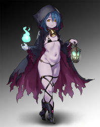 Rule 34 | 1girl, bikini, black bikini, blue hair, boots, bracelet, cape, colored skin, commentary, flat chest, full body, gradient background, groin, highres, hitodama, holding, holding lantern, hood, hooded cape, houtengeki, jewelry, lantern, looking at viewer, micro bikini, navel, neck bell, original, purple skin, short hair, simple background, skinny, smile, solo, stomach, swimsuit, symbol-only commentary, thigh strap, tiptoes, torn cape, torn clothes, yellow eyes