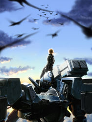 Rule 34 | 1840, 1girl, armored core, armored core: last raven, bird, blonde hair, blurry, cannon, cloud, depth of field, epic, from behind, from software, gloves, head, helmet, holding, holding helmet, long hair, mecha, pilot, pilot suit, realistic, robot, rocket launcher, science fiction, sky, solo, vest, weapon