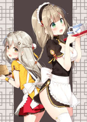 Rule 34 | 2girls, ahoge, alternate costume, apron, arm at side, arm up, back-to-back, blonde hair, blush, braid, breasts, center opening, china dress, chinese clothes, cleavage, cleavage cutout, clothing cutout, cowboy shot, cup, dress, enmaided, french braid, frilled apron, frills, from side, green eyes, hair ornament, half updo, height difference, holding, holding tray, large breasts, light brown hair, long hair, maid, maid headdress, masuishi kinoto, medium breasts, multiple girls, open mouth, original, puffy short sleeves, puffy sleeves, red skirt, short dress, short sleeves, side slit, sidelocks, silver hair, skirt, smile, sweatdrop, teacup, teapot, thighhighs, thighs, tray, twin braids, waist apron, white legwear, wrist cuffs, yellow dress, yellow eyes