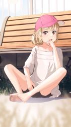 Rule 34 | 1girl, barefoot, bench, blonde hair, brown eyes, brown shorts, casual, child, clip studio paint (medium), collarbone, commentary request, dirty, dirty feet, grass, hat, highres, long hair, looking at viewer, open mouth, original, outdoors, pink hat, russian commentary, servachok, shirt, shorts, sidelocks, soles, solo, toes, white shirt
