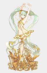 Rule 34 | 1girl, aqua eyes, aqua hair, armpits, arms up, bare shoulders, blue hair, breasts, closed mouth, commentary request, dress, full body, green eyes, grey background, hair between eyes, hair ornament, hatsune miku, highres, jewelry, kissai, long hair, looking at viewer, miku symphony (vocaloid), neckwear request, see-through, sleeveless, smile, solo, standing, star (symbol), thighhighs, twintails, very long hair, vocaloid, white dress, white thighhighs