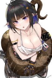 Rule 34 | 1girl, arknights, arm strap, bare shoulders, black gloves, black hair, blue hair, blunt bangs, breasts, camisole, collarbone, commentary, covered erect nipples, eunectes (arknights), eunectes (forgemaster) (arknights), gloves, head tilt, highres, jannong, large breasts, multicolored hair, official alternate costume, parted lips, pointy ears, purple eyes, seiza, short hair, simple background, sitting, snake tail, solo, spaghetti strap, tail, white background