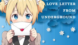 Rule 34 | 1girl, bad id, bad pixiv id, black sailor collar, blonde hair, blue eyes, blush, brown sweater, chikanoko, cloud, commentary request, english text, envelope, flower, hair between eyes, hair flower, hair ornament, heart, highres, holding, holding envelope, letter, long sleeves, love letter, ragho no erika, sailor collar, short hair, short twintails, sidelocks, sleeves past wrists, snowflakes, solo, sweater, twintails, uchino chika, upper body, white flower