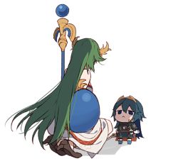 Rule 34 | 2girls, bare shoulders, belt, blue eyes, blue hair, cape, chibi, dress, falchion (fire emblem), fire emblem, fire emblem awakening, green hair, hair ornament, height difference, kid icarus, kid icarus uprising, kneeling, long hair, looking down, looking up, lucina (fire emblem), multiple girls, nintendo, palutena, ryon (ryonhei), sandals, shadow, shield, simple background, staff, super smash bros., sword, tiara, very long hair, weapon, white background, white dress
