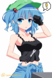 Rule 34 | !, 1girl, bad id, bad nicoseiga id, black gloves, blue eyes, blue hair, blush, breasts, cleavage, gloves, hair bobbles, hair ornament, hat, highres, isa, kawashiro nitori, looking at viewer, medium breasts, navel, simple background, solo, spoken exclamation mark, sweat, tank top, touhou, two side up, white background, wrench