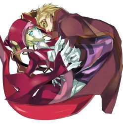 Rule 34 | 1boy, 1girl, android, aqua eyes, arc system works, aya (min412), blazblue, blonde hair, cape, gloves, hat, hetero, holding hands, husband and wife, ignis (blazblue), mask, pink hat, relius clover, spoilers, white gloves