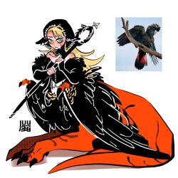Rule 34 | 1girl, animal, bird, black feathers, black wings, blonde hair, blue eyes, bxnke, centauroid, chimera, claws, commentary, cosplay, dragon girl, dungeon meshi, english commentary, falin touden, falin touden (chimera), falin touden (chimera) (cosplay), feathered wings, feathers, hands up, highres, holding, holding staff, juliet sleeves, long hair, long sleeves, looking at viewer, marcille donato, marcille donato (lord), monster girl, monsterification, off shoulder, parted lips, puffy sleeves, reference inset, simple background, sitting, solo, spoilers, staff, sweat, taur, veil, white background, wings