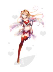 Rule 34 | 1girl, :d, blue eyes, bracer, elbow gloves, gloves, grey gloves, hairband, heart, heart-shaped pupils, heart hair, heart hands, high heels, highres, looking at viewer, microskirt, navel, one eye closed, open mouth, orange hair, original, red skirt, red thighhighs, seucapeu, shoes, skirt, smile, solo, symbol-shaped pupils, thighhighs