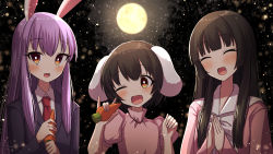 Rule 34 | 3girls, :d, animal ears, arms up, blurry, blush, bow, bowtie, bright pupils, brown hair, carrot, commentary request, depth of field, dress, fang, forest, full moon, hair between eyes, head tilt, hime cut, holding, houraisan kaguya, inaba tewi, jacket, light particles, long hair, long sleeves, looking at viewer, m/, moon, multiple girls, nature, necktie, night, night sky, one eye closed, open mouth, outdoors, own hands together, pink dress, puffy short sleeves, puffy sleeves, purple hair, rabbit ears, red eyes, red neckwear, reisen udongein inaba, shirt, short hair, short sleeves, sky, smile, standing, suit jacket, touhou, tsukimirin, upper body, very long hair, white neckwear, white pupils, white shirt