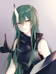 Rule 34 | 1girl, arknights, armor, bad id, bad pixiv id, bare shoulders, black shirt, breasts, commentary, gradient background, green hair, grey background, hair between eyes, highres, holding, holding shield, horns, hoshiguma (arknights), joshua (shisanli934), long hair, looking at viewer, medium breasts, oni, shield, shirt, single horn, skin-covered horns, sleeveless, sleeveless shirt, solo, symbol-only commentary, upper body, white background, yellow eyes