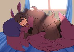 Rule 34 | 1girl, @ @, bed, bed sheet, bird legs, black shirt, blush, bun beau, character badge, commission, commissioner upload, creatures (company), curtains, feather hair ornament, feathered wings, feathers, fusion, game freak, gen 2 pokemon, hair between eyes, hair ornament, harpy, hex maniac (pokemon), indoors, lying, messy hair, monster girl, monster girl encyclopedia, neck ruff, nintendo, noctowl, on side, owl girl, owl mage (monster girl encyclopedia), parted lips, pillow, pokemon, pokemon (creature), pokemon xy, purple eyes, purple feathers, purple hair, purple wings, shirt, smile, solo, sunlight, window, winged arms, wings