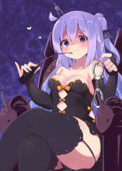 Rule 34 | 1girl, ahoge, alternate costume, azur lane, bare shoulders, black dress, black gloves, black panties, black ribbon, blush, bow, breasts, chair, cleavage, closed mouth, collarbone, commentary request, crossed legs, cuffs, dress, elbow gloves, fingerless gloves, garter straps, gloves, hair between eyes, hair bun, hair ribbon, handcuffs, heart, heart-shaped pupils, highres, long hair, looking at viewer, orange bow, panties, pantyshot, purple eyes, purple hair, ribbon, riding crop, shaded face, short dress, side bun, simple background, single hair bun, single side bun, sitting, sleeveless, sleeveless dress, small breasts, smile, solo, suzuki toto, symbol-shaped pupils, thighhighs, underwear, unicorn (azur lane), very long hair