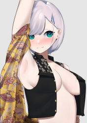 Rule 34 | 1girl, absurdres, arm up, armpits, black vest, blouse, blush, braid, braided bangs, breasts, crop top, earrings, feather hair ornament, feathers, green eyes, grey background, hair behind ear, hair ornament, highres, hololive, hololive indonesia, holoro, jewelry, large breasts, pavolia reine, rizu pann, shawl, shirt, short hair, silver hair, sleeveless, sleeveless shirt, solo, unbuttoned, unbuttoned shirt, vest, virtual youtuber, yellow shawl