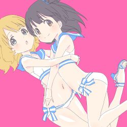 Rule 34 | 2girls, absurdres, bikini, black hair, blonde hair, blue eyes, brown eyes, commentary request, dutch angle, face-to-face, hand on another&#039;s waist, high heels, highres, hug, idolmaster, idolmaster million live!, legs up, looking at viewer, multiple girls, nakatani iku, navel, one side up, open mouth, pink background, sailor bikini, sailor collar, sailor swimsuit (idolmaster), sandals, short hair, simple background, sketch, smile, sumitomo, suou momoko, swimsuit, toes, white bikini