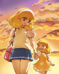 Rule 34 | 10s, 2girls, aged down, bag, blonde hair, blush, child, closed eyes, dress, dual persona, hair ornament, hairband, hisahiko, holding hands, kise yayoi, multiple girls, open mouth, precure, puffy short sleeves, puffy sleeves, school bag, school uniform, short hair, short sleeves, skirt, smile, smile precure!, sunset, sweater vest, thighs, time paradox, white hairband, yellow eyes