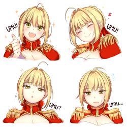 Rule 34 | 1girl, absurdres, ahoge, blonde hair, blush, breasts, cleavage, closed eyes, closed mouth, facing viewer, fangs, fate/grand order, fate (series), flying sweatdrops, green eyes, hair intakes, highres, large breasts, looking at viewer, multiple views, nero claudius (fate), nero claudius (fate) (all), nero claudius (fate/extra), open mouth, parted lips, portrait, short hair, smile, solo, sweatdrop, teeth, thumbs up, umu (phrase), upper teeth only, yumyum