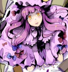 Rule 34 | 1girl, bad drawr id, bad id, blunt bangs, drawr, female focus, from above, hat, long hair, looking up, nail polish, oekaki, open mouth, orange eyes, patchouli knowledge, purple hair, ribbon, sitting, solo, staring, touhou, wariza, wide-eyed, yellow eyes