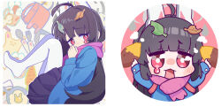 Rule 34 | 1girl, ahoge, black hair, black skirt, blue archive, blue shirt, blush, cheenack, food, holding, holding food, leaf, leaf on head, long hair, long sleeves, looking at viewer, miyu (blue archive), multiple views, open mouth, pantyhose, pink scarf, pleated skirt, red eyes, scarf, shirt, skirt, sweet potato, white pantyhose