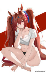 Rule 34 | 1girl, absurdres, alternate costume, animal ears, antenna hair, baozouyeguai, black panties, breasts, cleavage, collarbone, commentary request, cropped shirt, daiwa scarlet (umamusume), hair intakes, head rest, highres, horse ears, horse girl, horse tail, large breasts, long hair, looking at viewer, midriff, navel, on ground, panties, parted lips, red background, red eyes, red hair, shirt, short sleeves, simple background, sitting, solo, tail, tiara, twintails, two-tone background, umamusume, underwear, very long hair, white background, white shirt