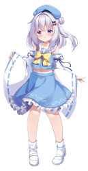 Rule 34 | 1girl, absurdres, alternate costume, bare shoulders, beret, blue hat, blue skirt, blush, bow, bowtie, detached sleeves, fengshen chino, full body, grey hair, hair bun, hat, highres, japanese clothes, long hair, looking at viewer, mary janes, miko, parted lips, purple eyes, shoes, simple background, single side bun, skirt, socks, solo, standing, tachi-e, warship girls r, white background, white footwear, white sleeves, white socks, wide sleeves, yellow bow, yellow bowtie, yukikaze (warship girls r)