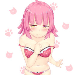 Rule 34 | 1girl, absurdres, ahoge, animal print, bare shoulders, blunt bangs, blunt ends, blush, bow, bow panties, bra, breasts, cat print, clenched hand, closed mouth, commentary, embarrassed, half-closed eyes, hand up, highres, lace, lace-trimmed bra, lace trim, looking away, love live!, love live! nijigasaki high school idol club, medium breasts, nabunabu, navel, panties, paw print, paw print background, pink hair, polka dot, polka dot bra, polka dot panties, red bra, red panties, short hair, sidelocks, solo, stomach, strap slip, tennoji rina, thighs, underwear, white background, yellow eyes