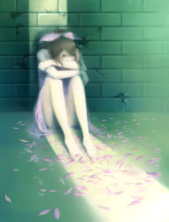 Rule 34 | 1990s (style), 1girl, aerith gainsborough, barefoot, bow, brick, brown hair, dress, face down, feet, final fantasy, final fantasy vii, green theme, hand on own knee, kieta, leaning back, hugging own legs, light, long legs, pale color, petals, pink bow, pink dress, sitting, solo, toes