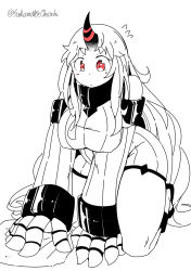 Rule 34 | 1girl, abyssal ship, bare shoulders, breasts, claws, colored skin, dress, highres, horns, kantai collection, large breasts, long hair, mittens, red eyes, ribbed dress, sakamoto fez, seaport princess, short dress, single horn, solo, sweater, sweater dress, very long hair, white hair, white skin