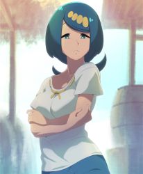Rule 34 | 1girl, arms under breasts, barrel, blue eyes, blue hair, blue skirt, breasts, bright pupils, closed mouth, collarbone, commentary request, creatures (company), day, ero kaeru, frown, game freak, hair ornament, lana&#039;s mother (pokemon), long hair, mature female, medium breasts, nintendo, no sclera, outdoors, pokemon, pokemon (anime), pokemon sm (anime), raised eyebrows, shirt, short sleeves, skirt, solo, white pupils, white shirt