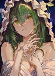 Rule 34 | 1girl, antlers, bare shoulders, beads, braid, braided bangs, branch, breasts, ceres fauna, cleavage, collarbone, cross, cross necklace, crucifix, dress, flower, green hair, green nails, hair between eyes, hair over shoulder, highres, holding, holding jewelry, holding necklace, hololive, hololive english, hood, horns, jewelry, large breasts, long hair, looking up, mole, mole under eye, multicolored hair, necklace, open mouth, prayer beads, qilin (mythology), rosary, santafe99, solo, teeth, veil, virtual youtuber, white dress, white flower, yellow eyes