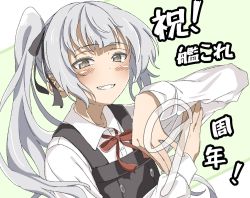 Rule 34 | 1girl, black ribbon, black skirt, brown hair, buttons, commentary request, grey hair, hair ribbon, highres, kantai collection, kasumi (kancolle), kirisaki seeker, long hair, long neck, long sleeves, open mouth, red ribbon, ribbon, shirt, side ponytail, skirt, smile, suspenders, translation request, white shirt