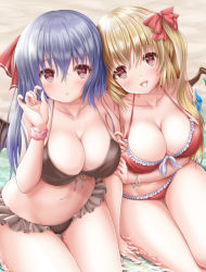 Rule 34 | 2girls, aged up, akino irori, alternate breast size, alternate costume, bangle, bare arms, bare shoulders, beach, bikini, black bikini, black wings, blonde hair, blue hair, bow, bracelet, breasts, cleavage, collarbone, flandre scarlet, hair bow, highres, jewelry, large breasts, long hair, looking at viewer, multiple girls, navel, outdoors, red bikini, red bow, red eyes, remilia scarlet, siblings, sisters, sitting, smile, swimsuit, touhou, wings, wristband