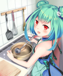 Rule 34 | 1girl, apron, blood, blush, commentary request, cooking, cutting board, double bun, green hair, hair bun, hair ornament, highres, hololive, kitchen, looking at viewer, open mouth, pot, red eyes, sch, short hair, solo, uruha rushia, uruha rushia (1st costume), virtual youtuber
