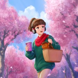 Rule 34 | 1girl, basket, blunt bangs, brown eyes, brown hair, cat, cherry blossoms, cloud, cloudy sky, coffee cup, commentary, cup, day, disposable cup, english commentary, googly eyes, green scrunchie, green sweater, hair ornament, hair scrunchie, hanami, headphones, highres, kotikomori, lofi girl, lofi girl (youtube), official art, outdoors, oversized clothes, petals, pink theme, red scarf, scarf, scrunchie, second-party source, short hair, sky, solo focus, spring (season), sweater, teeth, upper teeth only, walking, wireless