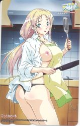 Rule 34 | 1girl, apron, ass, blonde hair, blush, breasts, breasts out, cooking, date wingfield reiko, embarrassed, fault!!, frying pan, green eyes, hair ribbon, large breasts, long hair, looking back, nipples, no bra, official art, open clothes, open mouth, open shirt, ribbon, solo, thong