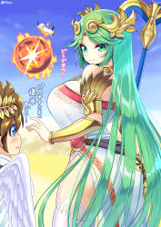 Rule 34 | 1boy, 1girl, ancient greek clothes, ass, backboob, bare shoulders, blue eyes, breasts, brown hair, chiton, day, dress, green eyes, green hair, grin, hand up, huge breasts, kid icarus, legs, long hair, nintendo, outdoors, palutena, pit (kid icarus), sandbag (super smash bros), shuz (dodidu), smile, spiked hair, staff, super smash bros., thick thighs, thighhighs, thighs, tiara, translation request, very long hair, wings