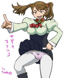 Rule 34 | 10s, 1girl, 2girls, artist name, ascot, black skirt, bow, bow panties, breasts, brown eyes, brown hair, comic, gundam, gundam build fighters, gundam build fighters try, hand on own hip, high-waist skirt, large breasts, long hair, long sleeves, multiple girls, open mouth, panties, panties over pantyhose, pantyhose, pantyshot, pleated skirt, pointing, puffy long sleeves, puffy sleeves, purple panties, sazaki kaoruko, simple background, skirt, smile, solo, standing, tonda, translation request, twintails, underwear, upskirt, white background, white pantyhose