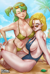 Rule 34 | 1boy, 2girls, ;p, android 18, bald, beach, beard, bikini, blonde hair, blue hair, blue sky, breasts, bulma, camouflage, camouflage bikini, casual one-piece swimsuit, curvy, dragon ball, dragon ball (classic), dragonball z, earrings, facial hair, facing viewer, heart, heart-shaped eyes, hibren, highleg, highleg swimsuit, highres, jewelry, kneeling, large breasts, long hair, looking at viewer, looking over eyewear, looking over glasses, multiple girls, mustache, muten roushi, naughty face, old, old man, on ground, one-piece swimsuit, one eye closed, outdoors, ponytail, reclining, revealing clothes, sand, shiny skin, short hair, side-tie bikini bottom, sideboob, sitting, sky, smile, staff, stud earrings, sunglasses, sweat, swimsuit, thighs, time paradox, tinted eyewear, tongue, tongue out, turtle, wet, wide hips, wink