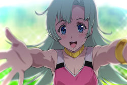 Rule 34 | 1girl, :d, android, blue eyes, blurry, blurry background, bracelet, choujikuu seiki orguss, collar, day, green hair, jewelry, long hair, looking at viewer, mome (orguss), open mouth, outdoors, outstretched arms, parted bangs, smile, solo, ueyama michirou, upper body
