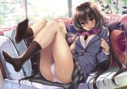 Rule 34 | 1girl, artist name, between breasts, black socks, blazer, blush, breasts, breasts squeezed together, brown eyes, brown hair, buttons, cameltoe, candy, chocolate, chocolate heart, cleavage, comic exe, couch, day, feet, food, game-style, hair between eyes, heart, highres, indoors, jacket, large breasts, leaf, long hair, long legs, long sleeves, looking at viewer, lying, no shoes, nose blush, on back, on couch, open mouth, original, panties, pillow, piromizu, plaid, plaid scarf, plaid skirt, plant, pleated skirt, potted plant, red scarf, scarf, school uniform, shirt, sidelocks, skirt, smile, socks, solo, thighs, underwear, valentine, very long hair, wallpaper, white panties, white shirt, window