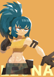 Rule 34 | bare shoulders, belt, belt pouch, black gloves, blue eyes, blue hair, camouflage, camouflage pants, fighting stance, gloves, highres, leona heidern, looking to the side, midriff, muscular, muscular female, navel, orange background, pants, ponytail, pouch, solo, tank top, the king of fighters, the king of fighters xv, yellow tank top, zettonamo888